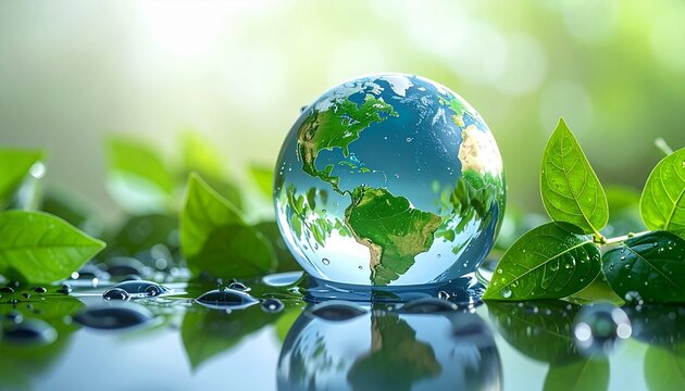 Glass globe with continents surrounded by leaves and water droplets on reflective surface - Powered by Adobe