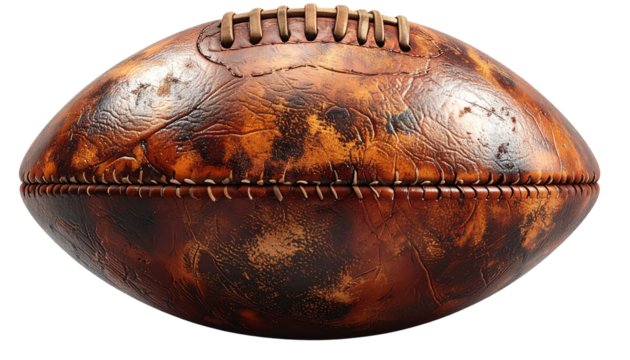 Realistic leather football with visible stitches and texture, isolated on transparent background, PNG format.