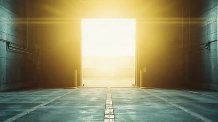 Sunlight streaming through warehouse causing roller shutter lifting, revealing amber glow on floor - Powered by Adobe