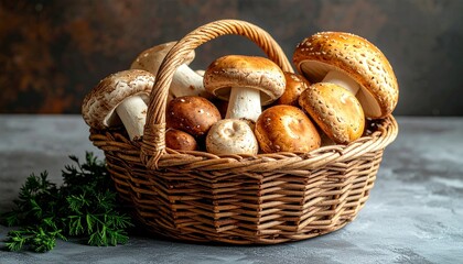 Wicker basket filled with fresh mushrooms on rustic gray surface