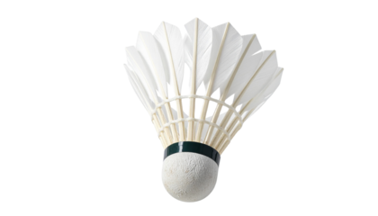 Realistic badminton shuttlecock with white feathers and cork base, isolated on transparent background, PNG format.
