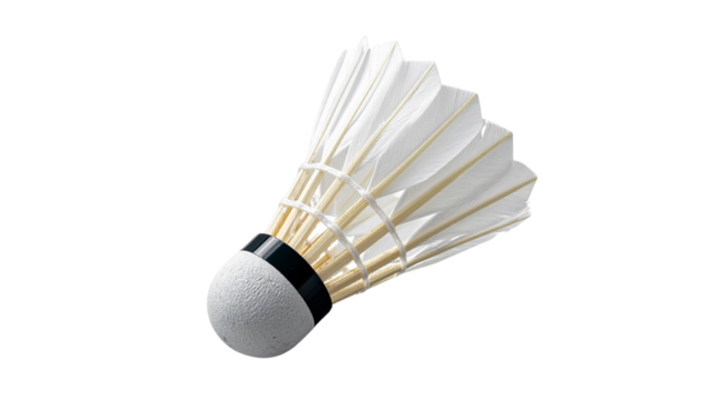 Badminton shuttlecock with white feathers and cork base, isolated on transparent background, PNG format.