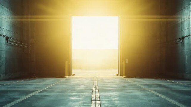 Sunlight streaming through warehouse causing roller shutter lifting, revealing amber glow on floor