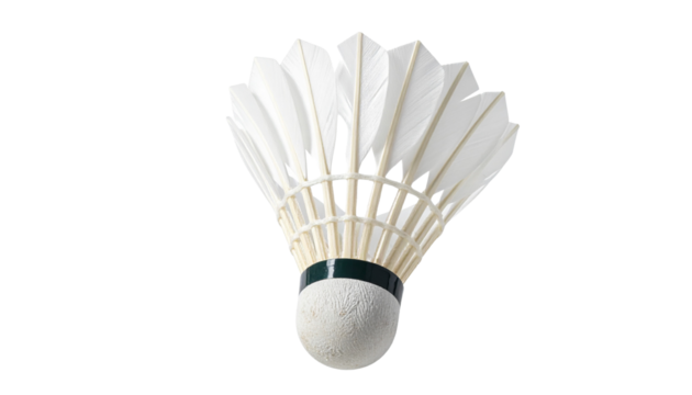 Realistic badminton shuttlecock with white feathers and cork base, isolated on transparent background, PNG format. - Powered by Adobe