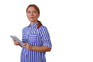 Woman holding a tablet and looking away, pondering new ideas and planning her career path. Transparent background