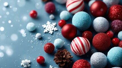 Colorful Christmas Ornaments and Decorations on a Blue Background