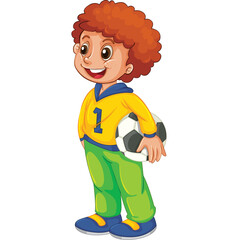 Smiling young boy with curly red hair holding a soccer ball wearing a yellow blue and white jersey and green pants white background cartoon illustration