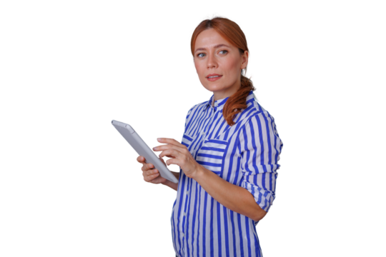 Redhead woman in striped shirt using digital tablet, browsing internet, developing business strategy, transparent background