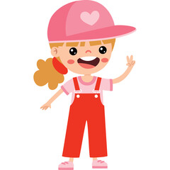 Smiling Young Girl Wearing a Pink Baseball Cap and Red Overalls Making a Peace Sign Hand Gesture and Wearing a Pink T-Shirt and Pink Sneakers on a Transparent Background
