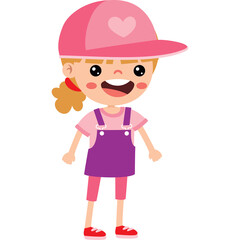 Smiling Young Girl Wearing Pink Cap and Purple Overalls With Pink Shirt And Red Shoes On White Background