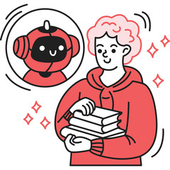 Smiling Person Holding Stack of Books With Red Robot Head in Thought Bubble Illustration