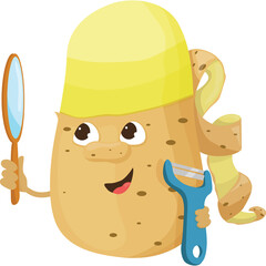 Smiling Potato Character Holding a Mirror and Peeler on Transparent Background