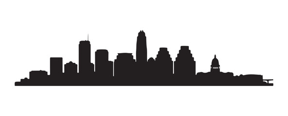 Silhouette of the Austin skyline. A black design of the Austin city set against a white background.