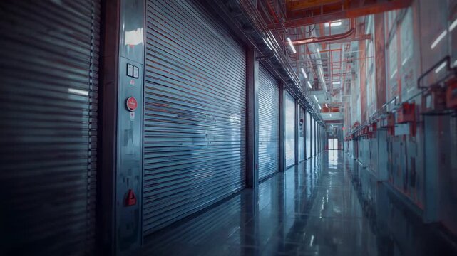 Tracking camera moving along industrial corridor, with LEDs reflecting on shutter doors and panels