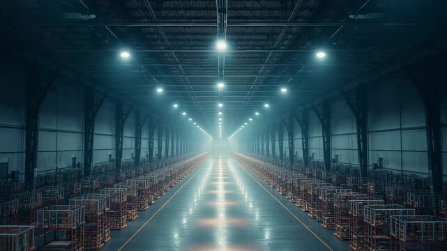 Starting playback, camera capturing concrete aisle inside warehouse, showcasing metal pallet cages
