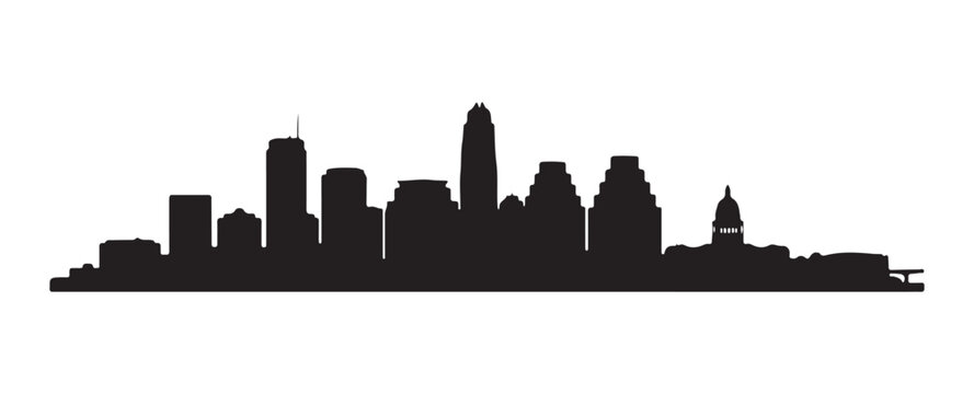 Silhouette of the Austin skyline. A black design of the Austin city set against a white background.
