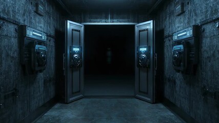 Panels activating and swinging reinforced vault doors open in corridor while blue lights pulsing - Powered by Adobe