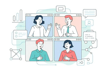 リモートワークでオンライン会議を行うチームメンバーを描いたアニメ風イラスト。パソコンやクラウド、チャートアイコンなども配置され、テレワークや働き方改革を視覚化	