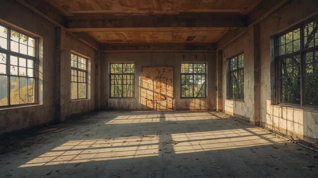 Streaming sunlight through windows illuminating beams in derelict room, revealing peeling walls