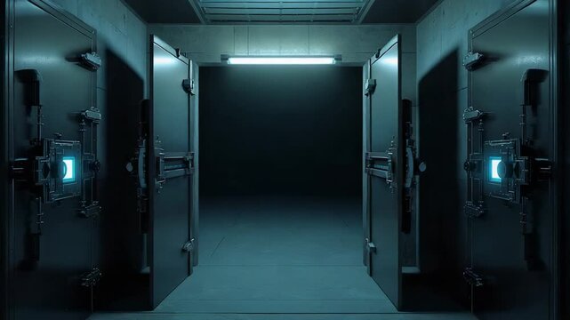 Sending signal glowing console opening vault door panels inside vault room, with locking arms