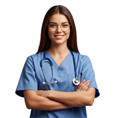 Smiling female medical professional in blue scrubs, arms crossed