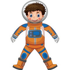Smiling Young Boy Wearing Orange Astronaut Suit with Helmet and Transparent Background Ready for Space Adventure