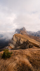 Landscape of the Dolomites Alps. Odle mountain range, Seceda peak in Dolomites, Italy.Nature concept background.