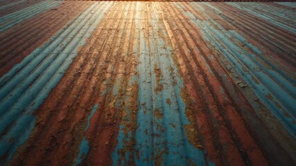 Shining sunlight sparking corrugated metal roof panels revealing rust on roof, with paint texture - Powered by Adobe