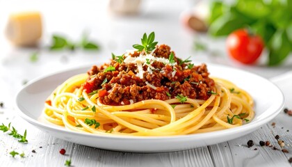Delicious Bowl Of Spaghetti Bolognese With Fresh Parsley And Grated Cheese On A White Plate With Blurred Background Of Tomatoes Garlic And Cheese