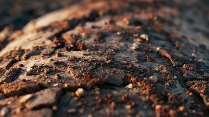 Sliding camera revealing moist clay bank at golden hour, showcasing cracked mud and pebbles - Powered by Adobe
