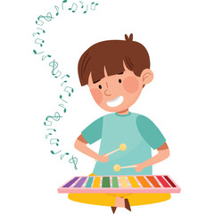 Smiling young boy with brown hair wearing a teal t-shirt and yellow pants joyfully plays a colorful xylophone with mallets surrounded by musical notes on a transparent background