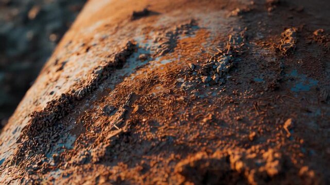 Camera panning along rusted pipe outdoors, showing soil, wood chips, pebbles, flaking blue paint