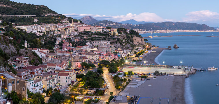 Vietri sul mare - Amalfi coast - The city panorama with the coast at dusk.