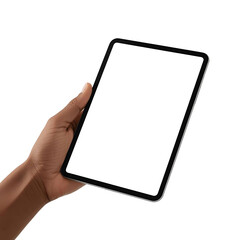 Man hand holding 10 inch tablet with blank white screen on clean background, angled position perfect for digital mockup