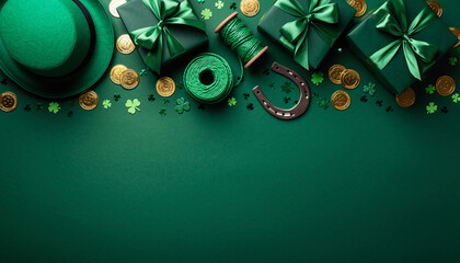 St. Patrick's Day flat lay arrangement with green hat, gifts, horseshoe, and gold coins on dark green background.