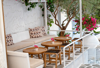 Interior design of a contemporary lounge coffee sea bar in Greece
