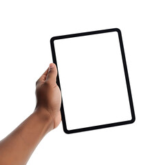 Man hand holding 10 inch tablet with blank white screen on clean background, angled position perfect for digital mockup