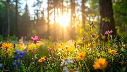 Golden Hour Sunlight Streams Through Wildflower Meadow with Diverse Blooms in a Forest Setting