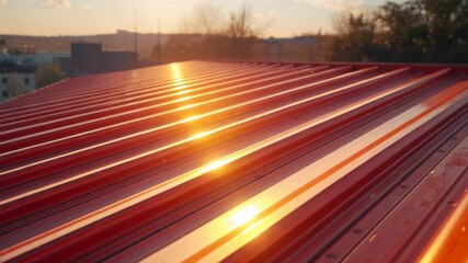 Panning camera capturing red corrugated metal roof at sunset, revealing sunlit dew sparkles - Powered by Adobe