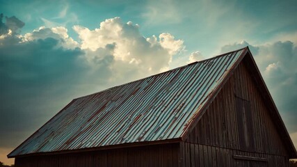 Sun moving above horizon, casting shifting light on barn roof in rural farm and corrugated panels - Powered by Adobe