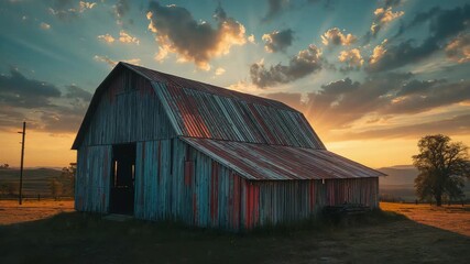 Sinking sun casting golden rays across weathered barn siding near fence line at rural pasture - Powered by Adobe