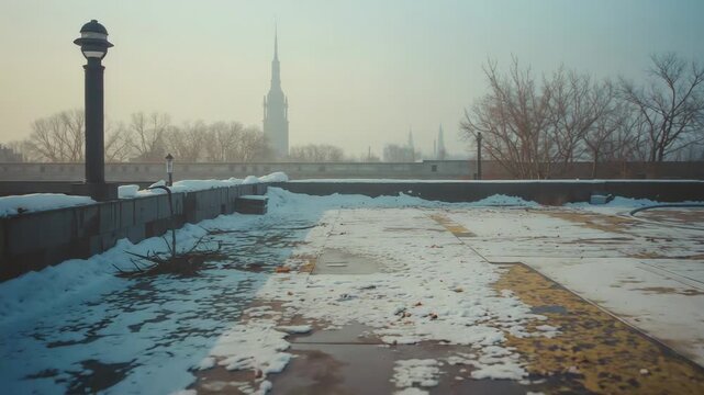 Camera panning across snowy rooftop showing vintage lamppost, melting patches and yellow markings