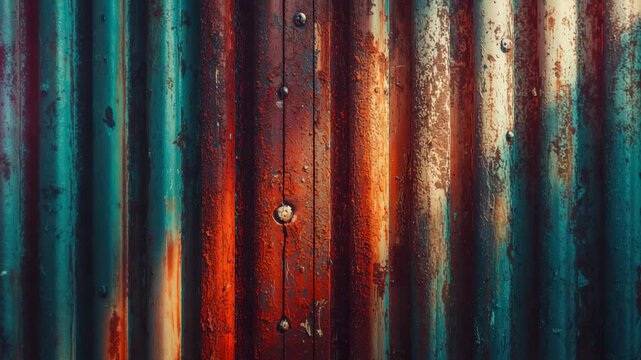 Filming corrugated metal wall in storage yard, highlighting peeling paint, rust spots and rivets