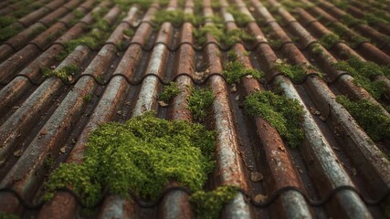 Pulling back camera revealing rusty roof panel with moss on shed rooftop showing decay and growth - Powered by Adobe