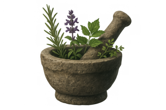 Mortar and pestle holding fresh herbs, rosemary, lavender, and other botanicals for natural medicine or cooking