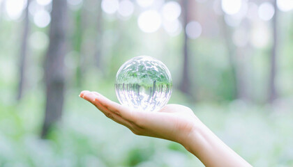 森のなかで手にのせた透明なガラス球のアップ