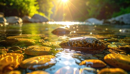 Golden Sunbeams Dance on a Clear Forest Stream Revealing Smooth River Stones and Lush Greenery