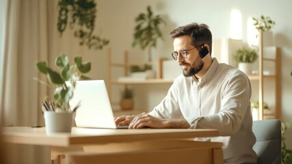 Young man working on laptop with wireless earphones in bright home office filled with plants, representing modern remote work, productivity, healthy lifestyle and creative workspace environment