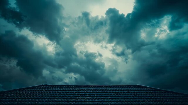 Camera tilting revealing severe storm clouds rolling above residential rooftop ridge