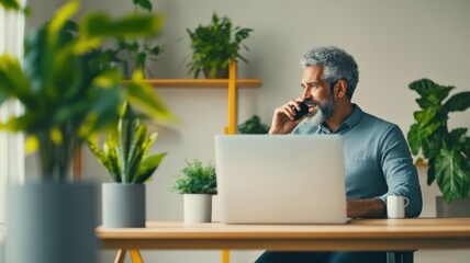 Senior man working on laptop at desk surrounded by green plants in modern home office, presenting productivity, healthy lifestyle, independence, and peaceful remote work environment